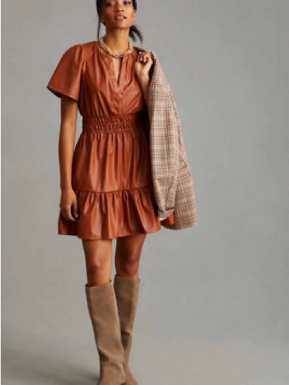 Anthropologie Faux Leather Tiered Mini Dress in Bark - Picture 3 of 5